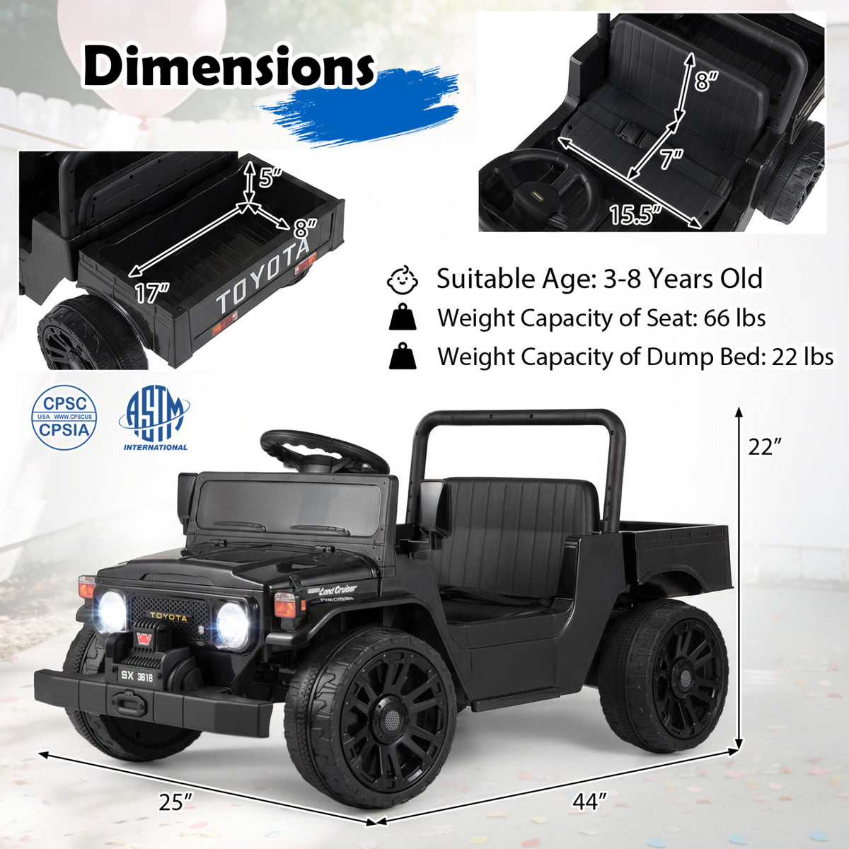 12V Electric Ride On Truck with Dump Bed and Music Licensed Toyota-Black