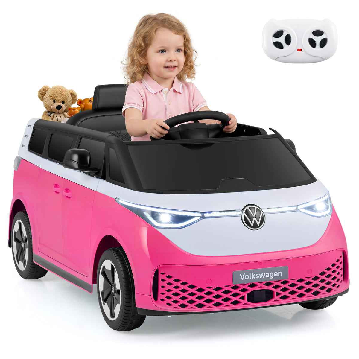 12V Kids Electric Car Bus with Music and LED Headlights Licensed Volkswagen-Pink
