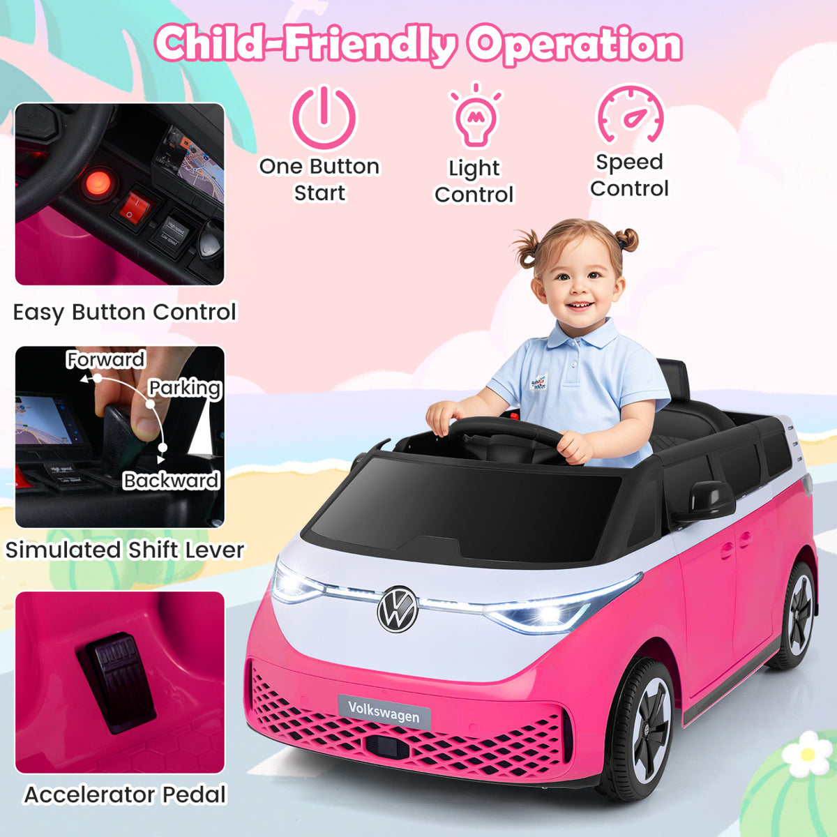 12V Kids Electric Car Bus with Music and LED Headlights Licensed Volkswagen-Pink