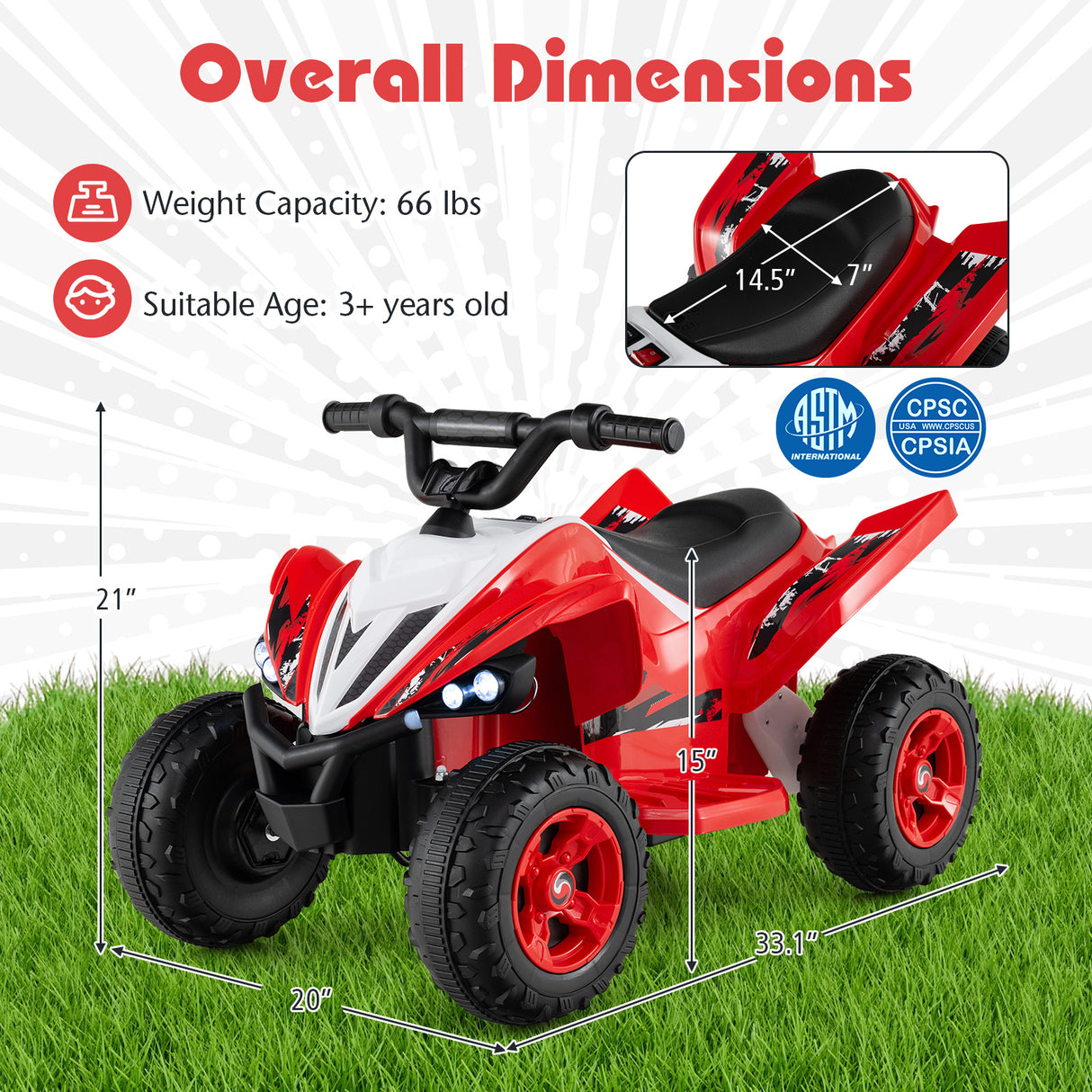 12V Kids Ride On ATV 4-Wheeler Quad with LED Lights and 7 mph Max Speed-Red