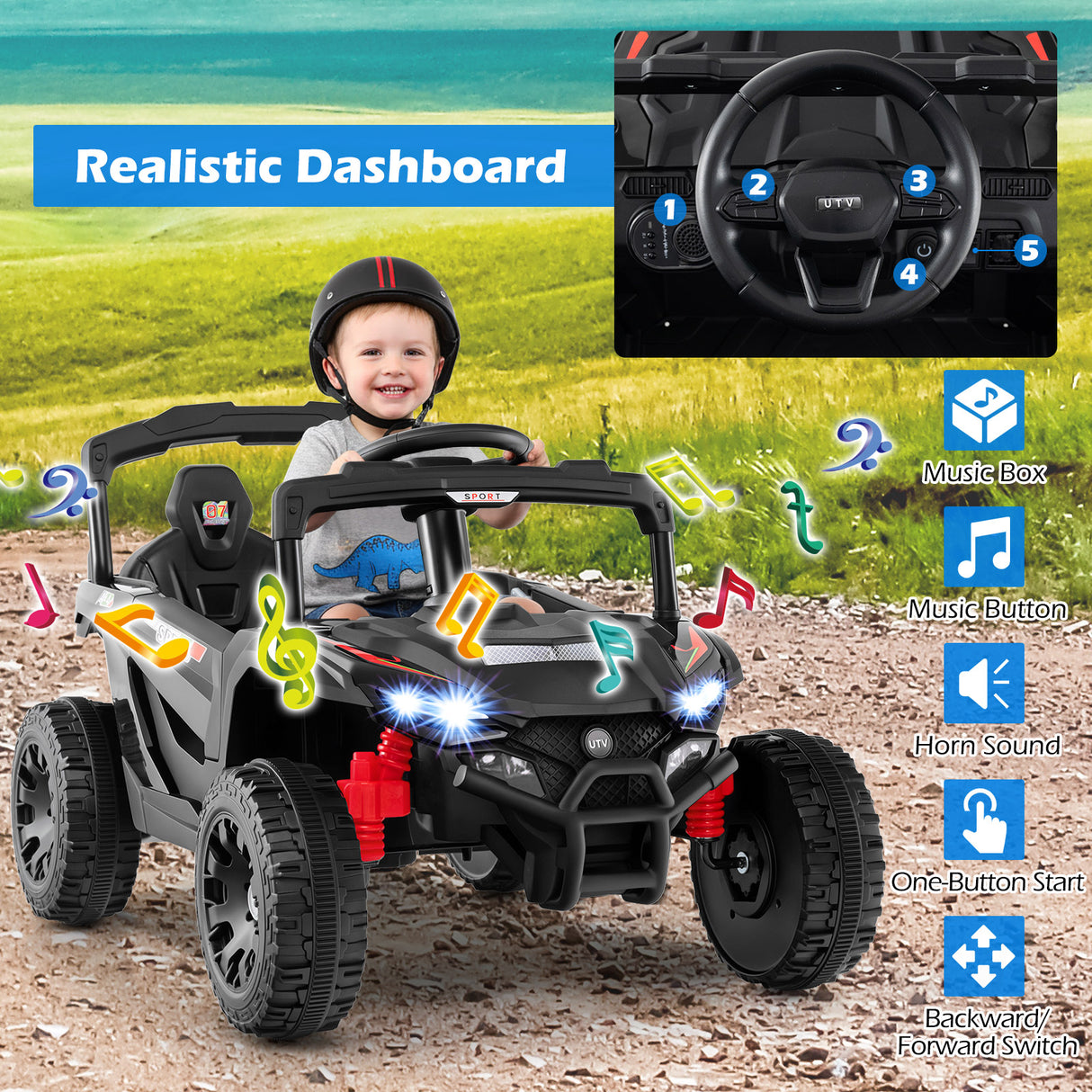 12V Kids Ride On Car UTV Electric Vehicle with LED Lights Music and Horn-Black