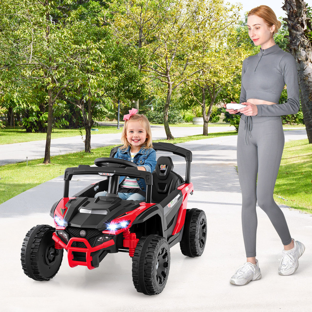 12V Kids Ride On Car UTV Electric Vehicle with LED Lights Music and Horn-Red