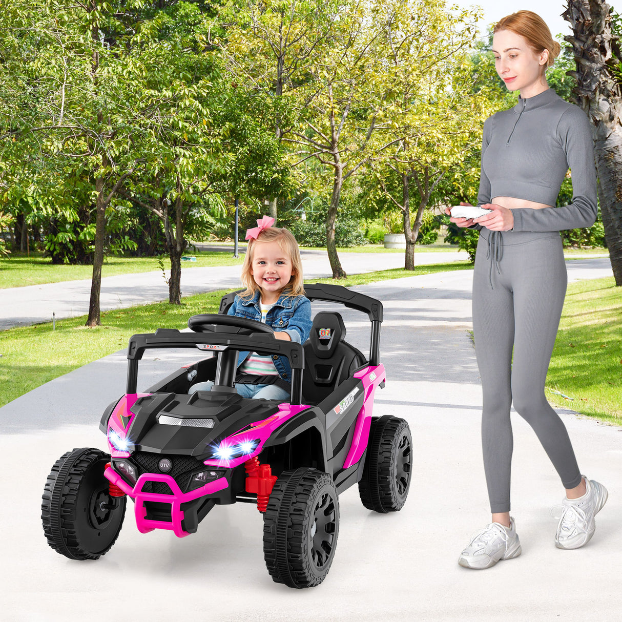 12V Kids Ride On Car UTV Electric Vehicle with LED Lights Music and Horn-Hot Pink