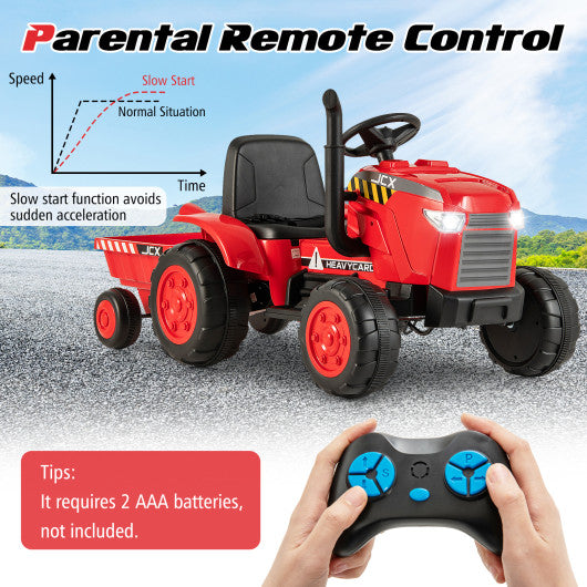 12V Kids Ride On Tractor with Trailer and Remote Control-Red