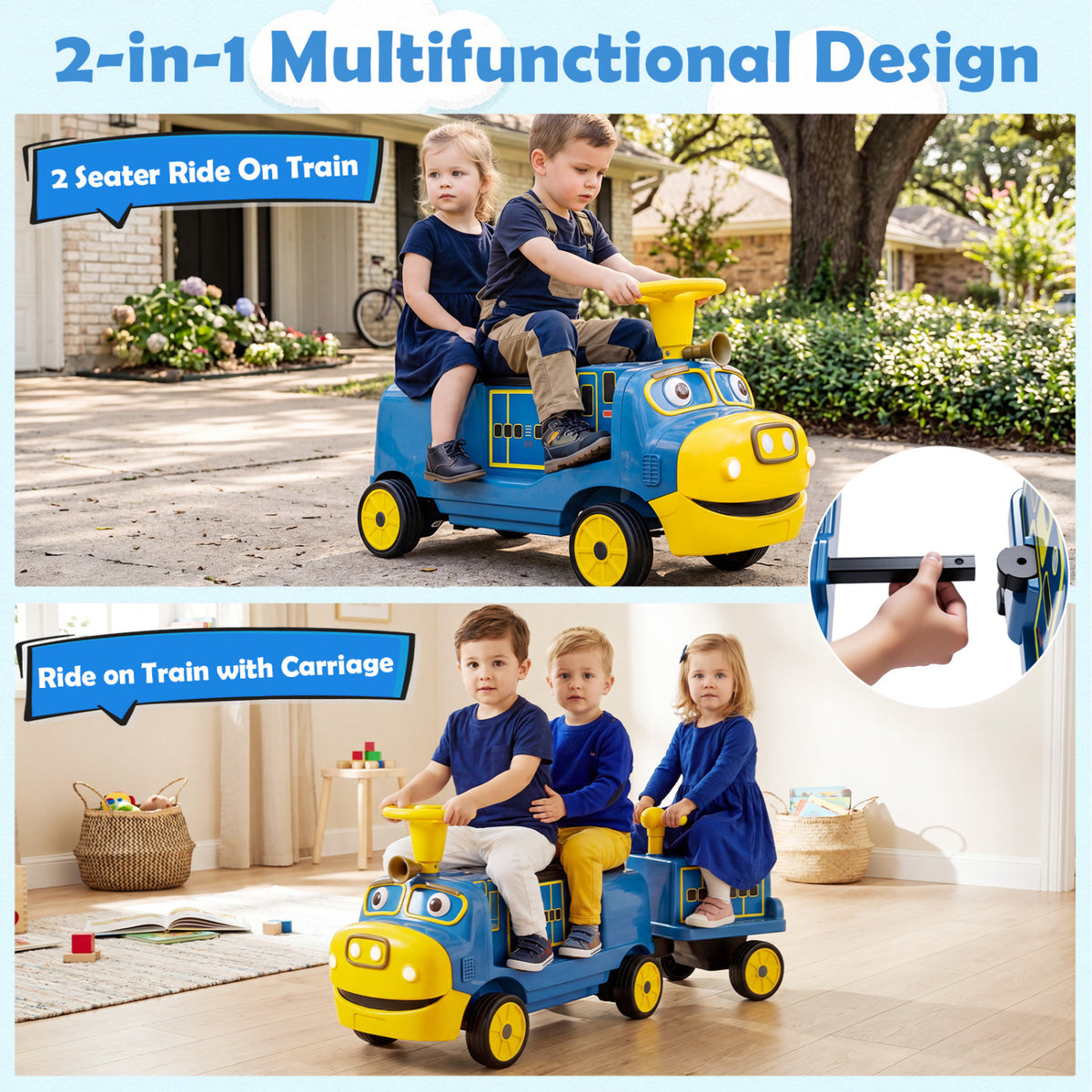 12V Kids Ride on Train 3-Seater with Detachable Carriage Licensed Chuggington-Blue
