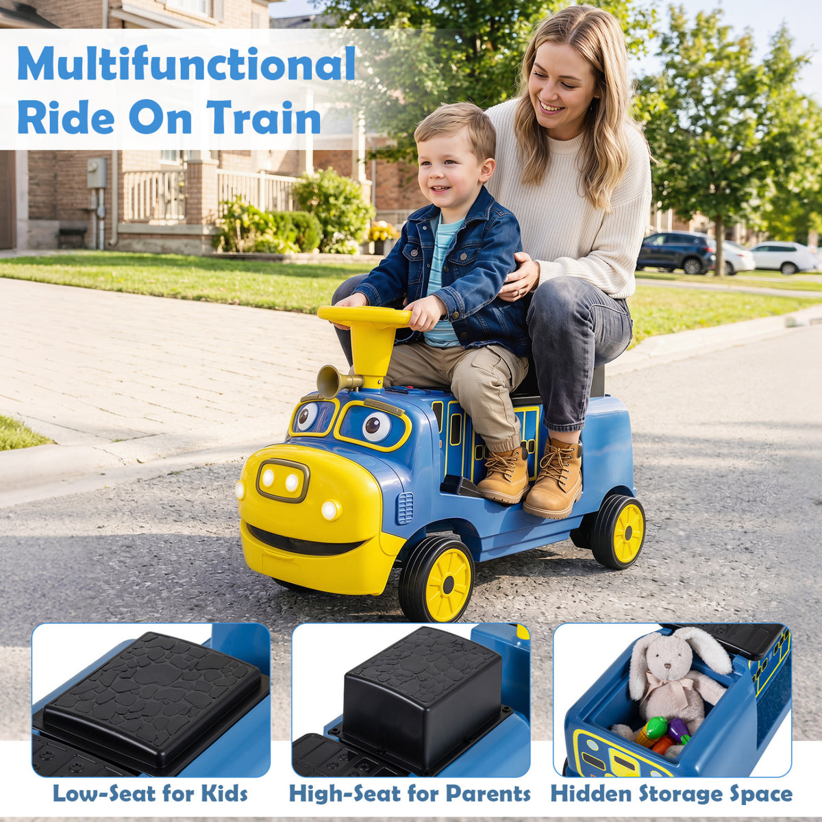 12V Kids Ride on Train 3-Seater with Detachable Carriage Licensed Chuggington-Blue
