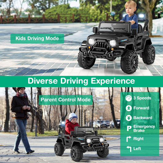 12V Kids Ride on Truck Car with Remote Control Threaded Wheels and 3 Speeds-Black