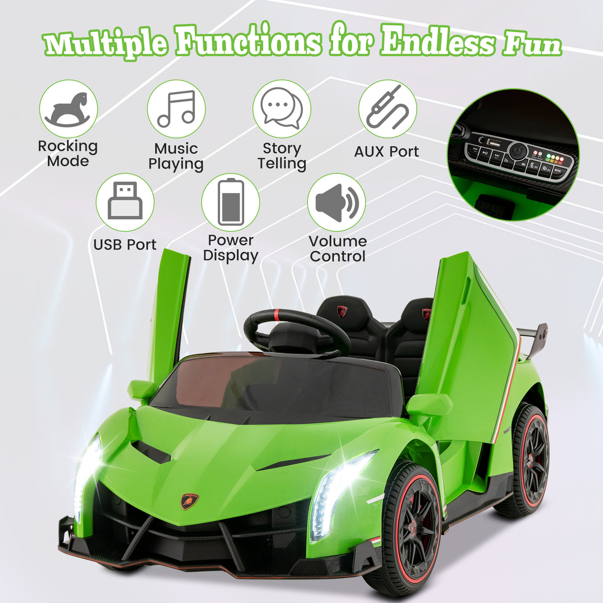 12V Licensed Lamborghini 4WD Kids Ride-on Sports Car with 2.4G Remote-Green