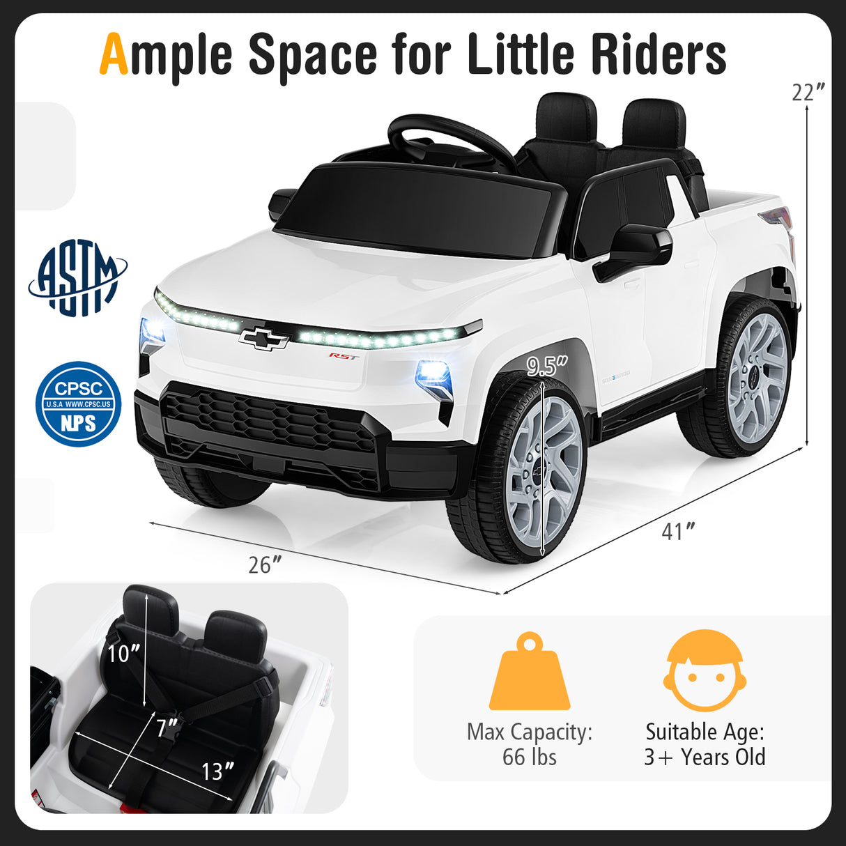 12V Ride on Car Truck Licensed Chevrolet with Remote Control Gift for 3+-White