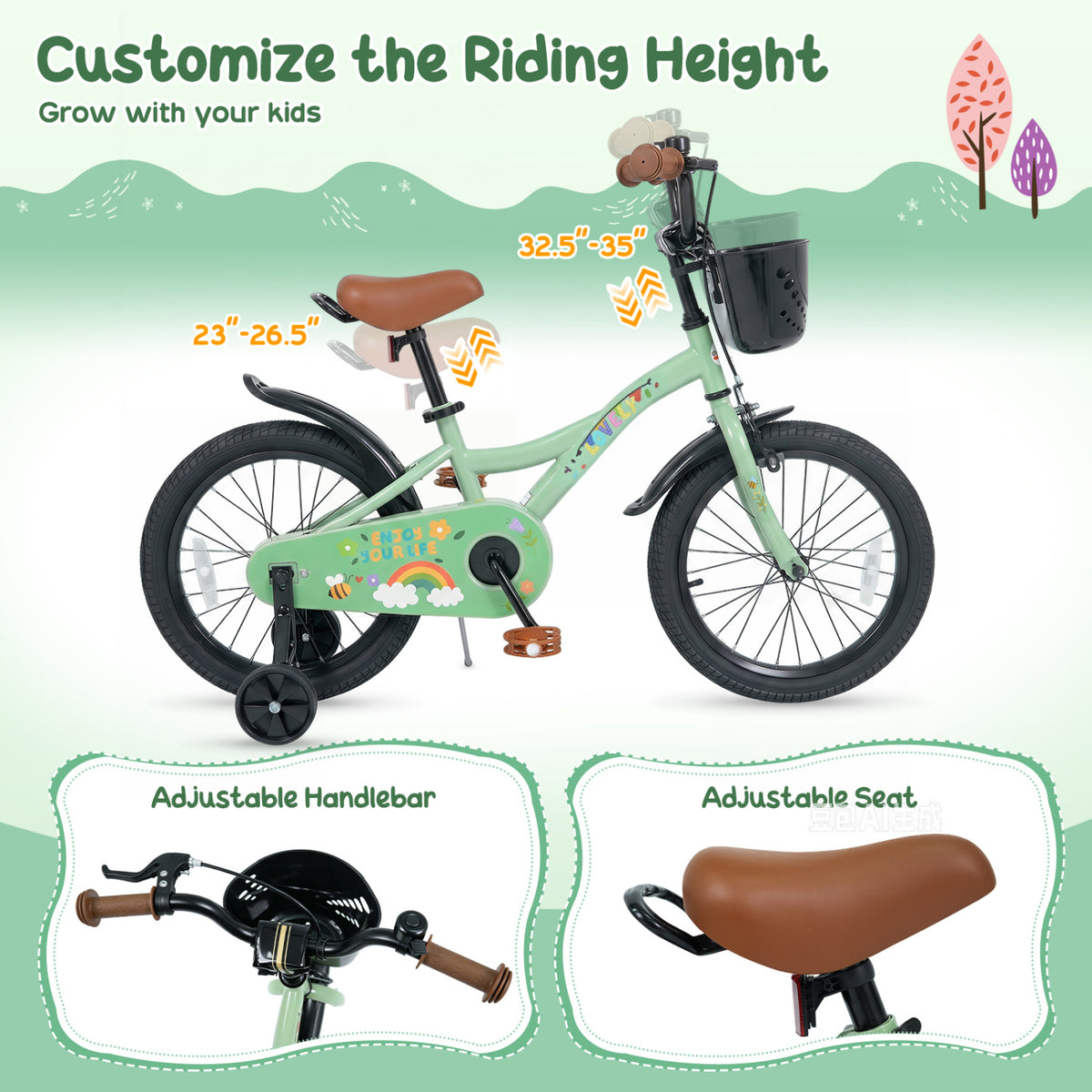 12-18 Inches Green Girls Bike for 3-8 Years Old with Basket - Spring Party-18 inches