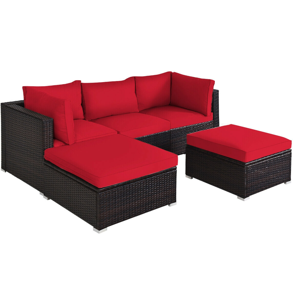 5 Pieces Patio Rattan Sectional Conversation Ottoman Furniture Set-Blue