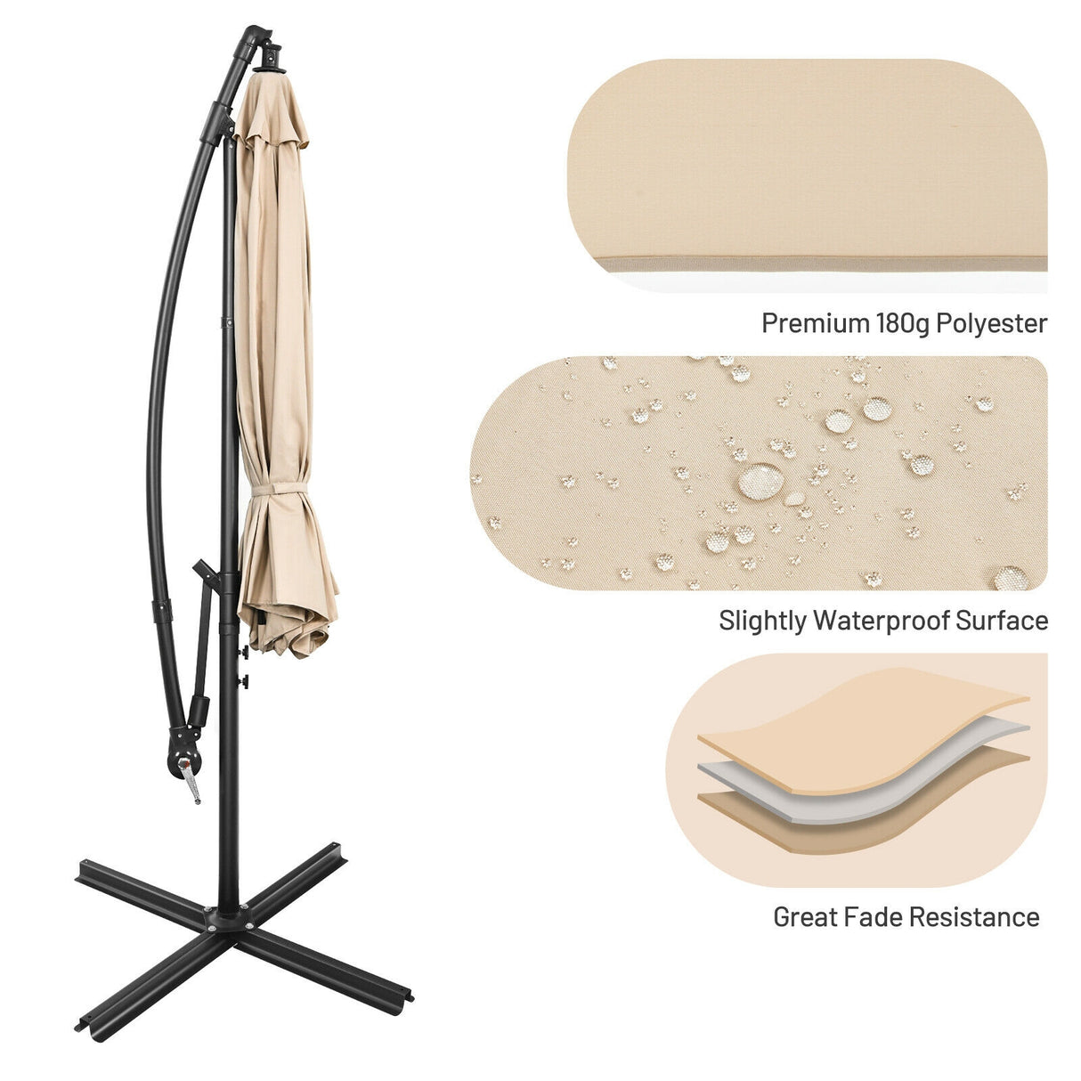 10 Feet Offset Umbrella with 8 Ribs Cantilever and Cross Base-Brown