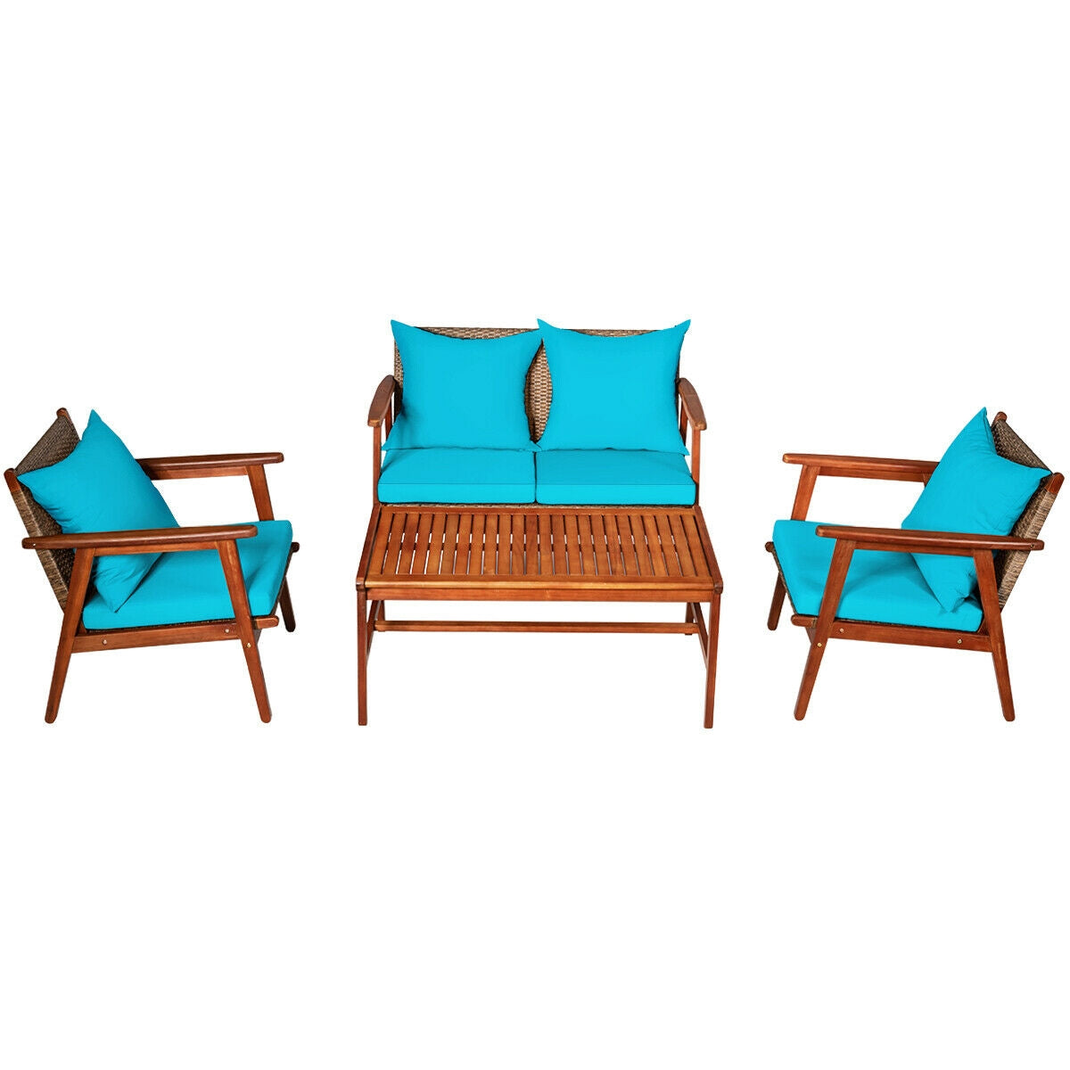 4 Pieces Acacia Wood Patio Rattan Furniture Set with Zippered Cushions-Brown