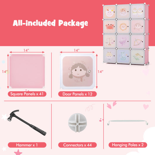 12 Cube Kids Wardrobe Closet with Hanging Section and Doors-White and Pink