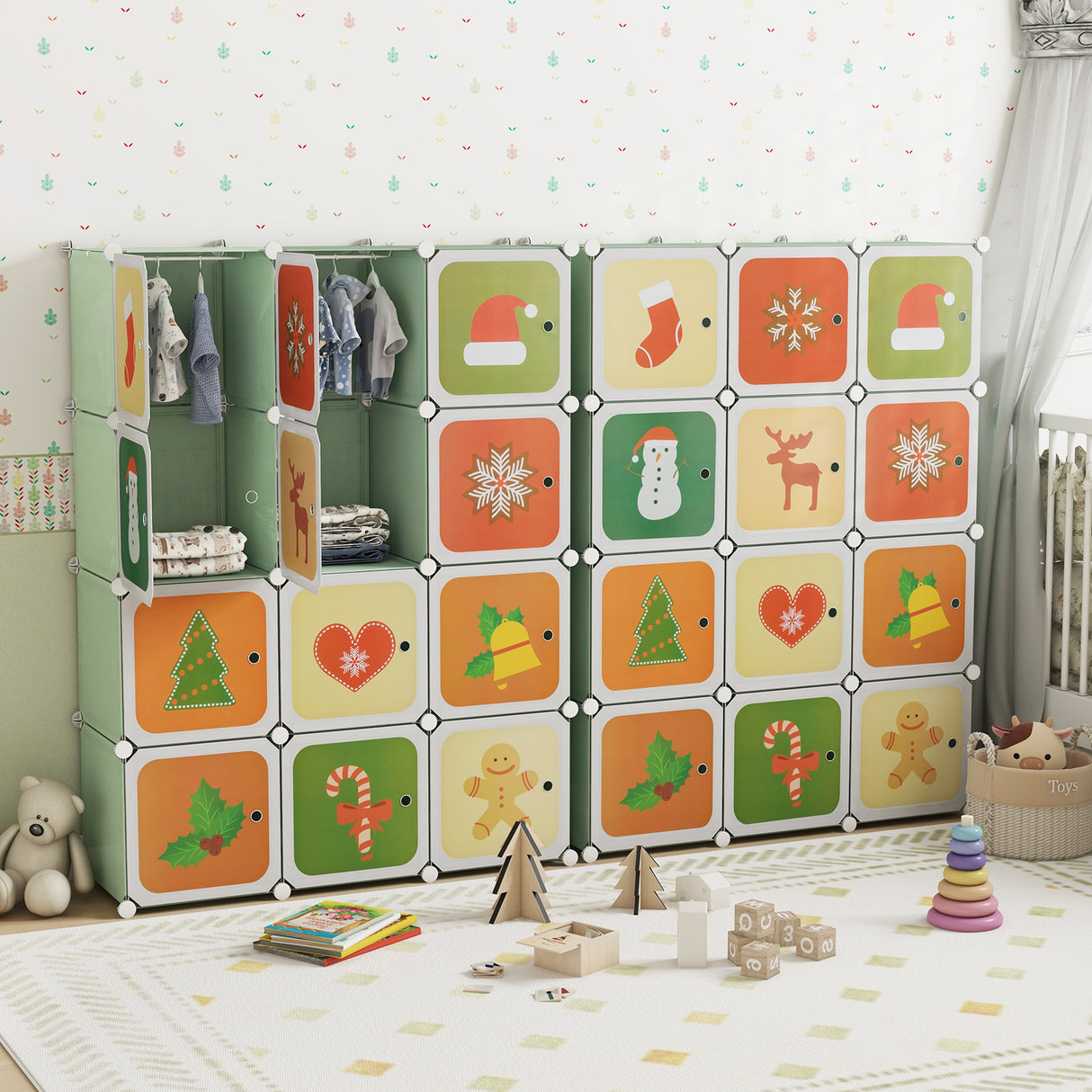 12 Cube Kids Wardrobe Closet with Hanging Section and Doors-Green