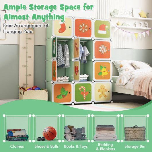 12 Cube Kids Wardrobe Closet with Hanging Section and Doors-Green