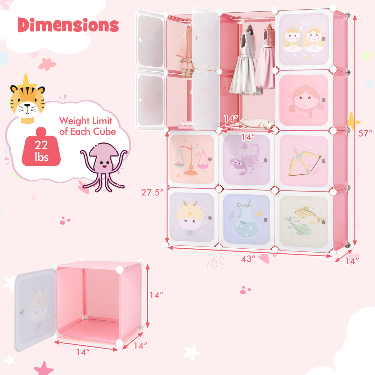 12 Cube Kids Wardrobe Closet with Hanging Section and Doors-White and Pink