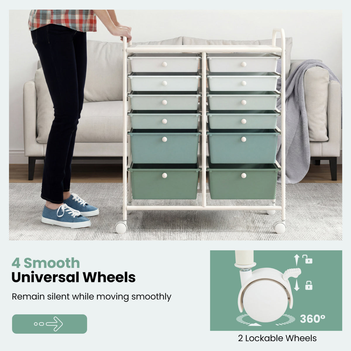 12-Drawer Rolling Storage Cart with Removable Drawers and Lockable Wheels-Green Gradient