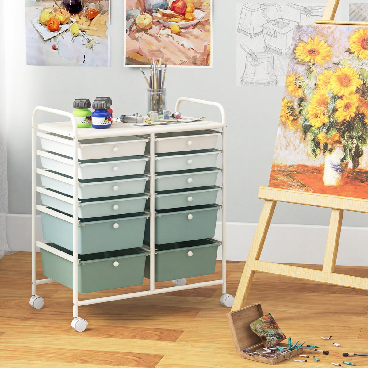 12-Drawer Rolling Storage Cart with Removable Drawers and Lockable Wheels-Green Gradient