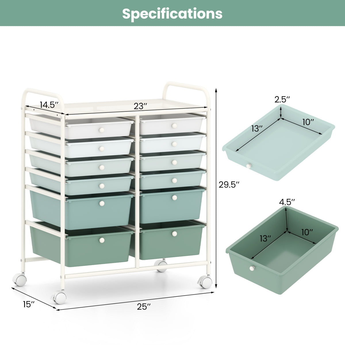 12-Drawer Rolling Storage Cart with Removable Drawers and Lockable Wheels-Green Gradient