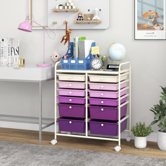 12-Drawer Rolling Storage Cart with Removable Drawers and Lockable Wheels-Purple