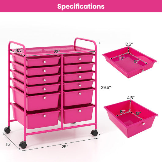 12-Drawer Rolling Storage Cart with Removable Drawers and Lockable Wheels-Rose Red