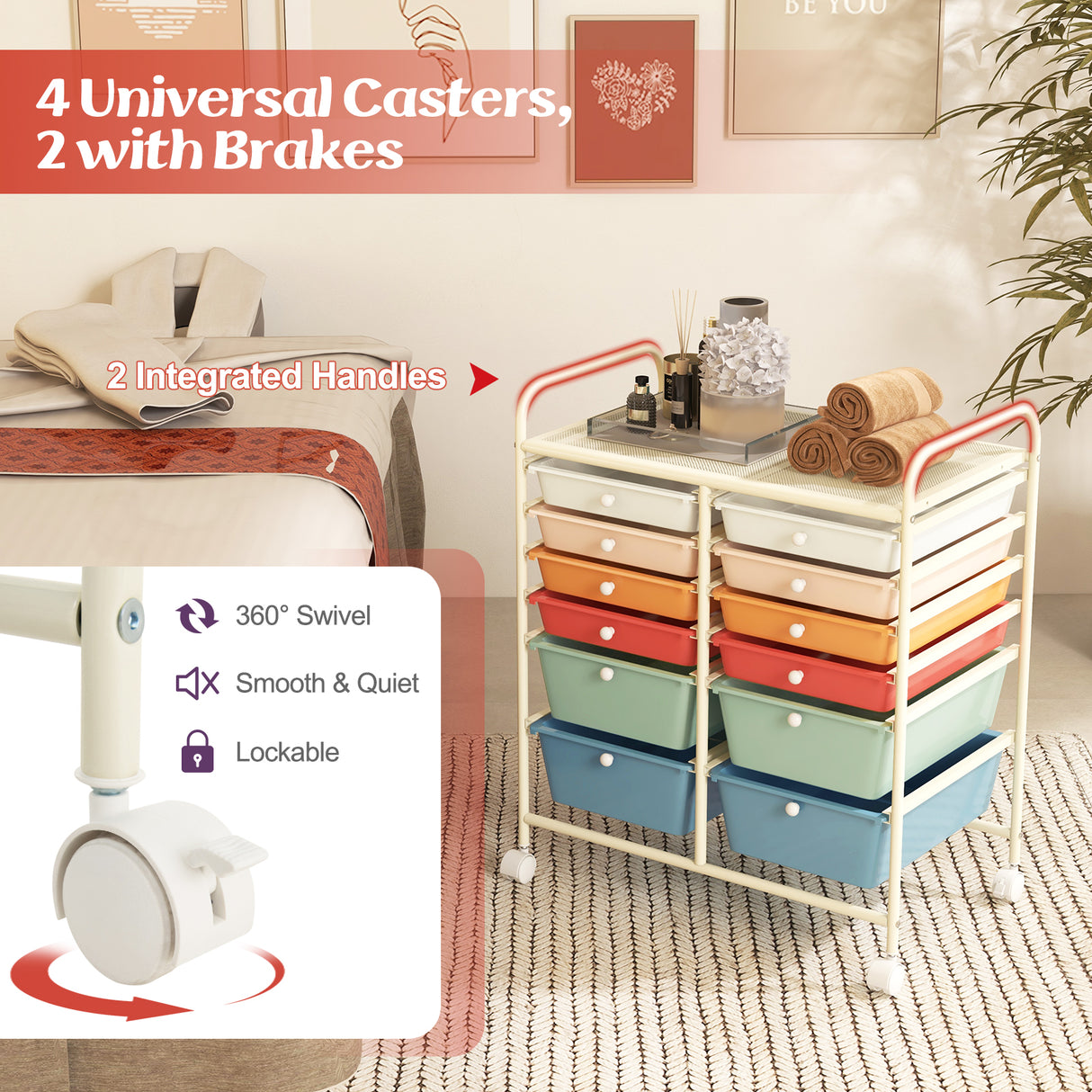 12 Drawers Rolling Cart Storage Scrapbook Paper Organizer Bins-Deep Multicolor
