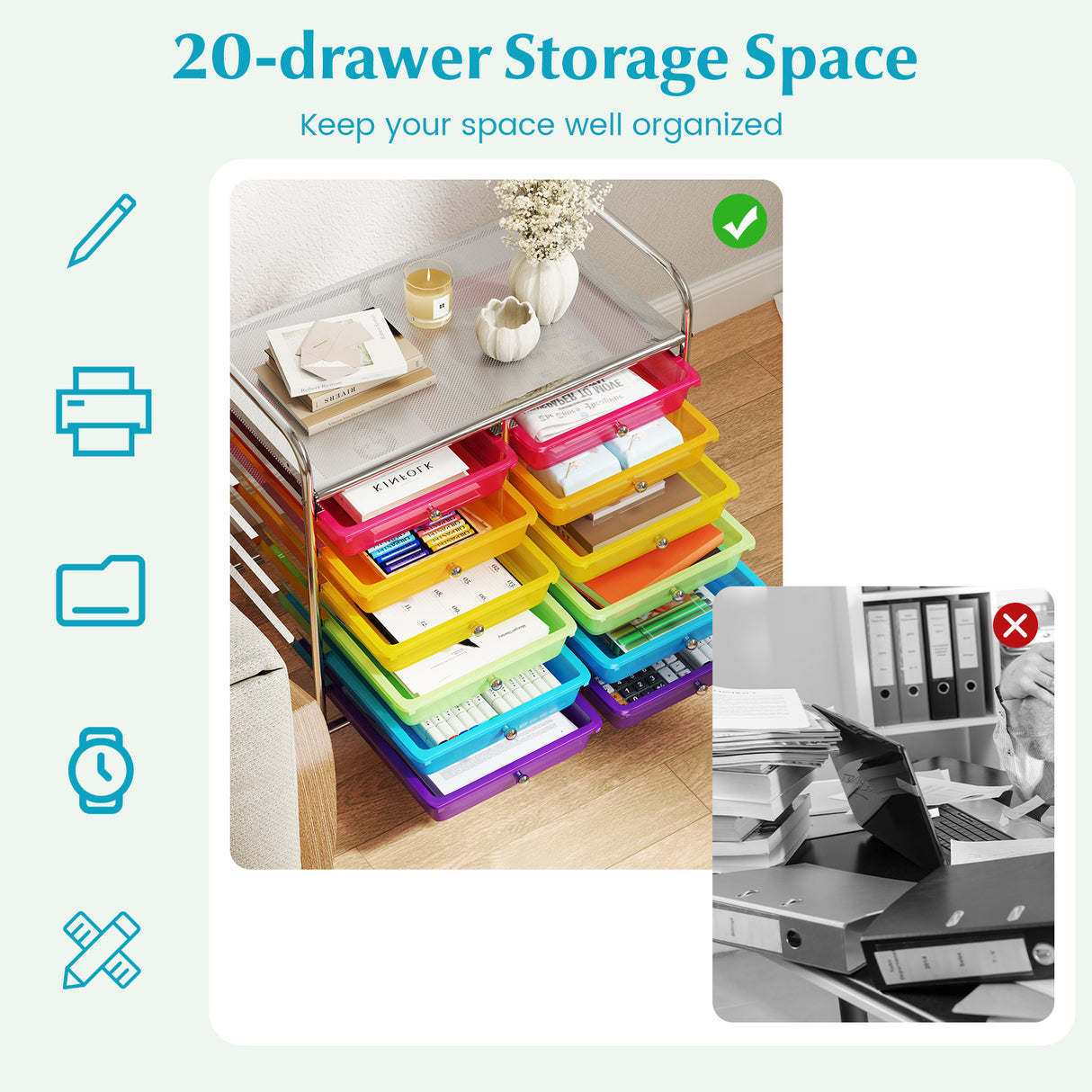 12 Drawers Rolling Storage Cart for Home and Office-Transparent Multicolor
