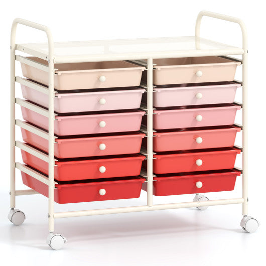 12 Drawers Rolling Storage Cart for Home and Office-Pink