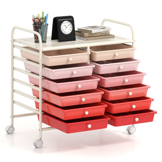 12 Drawers Rolling Storage Cart for Home and Office-Pink