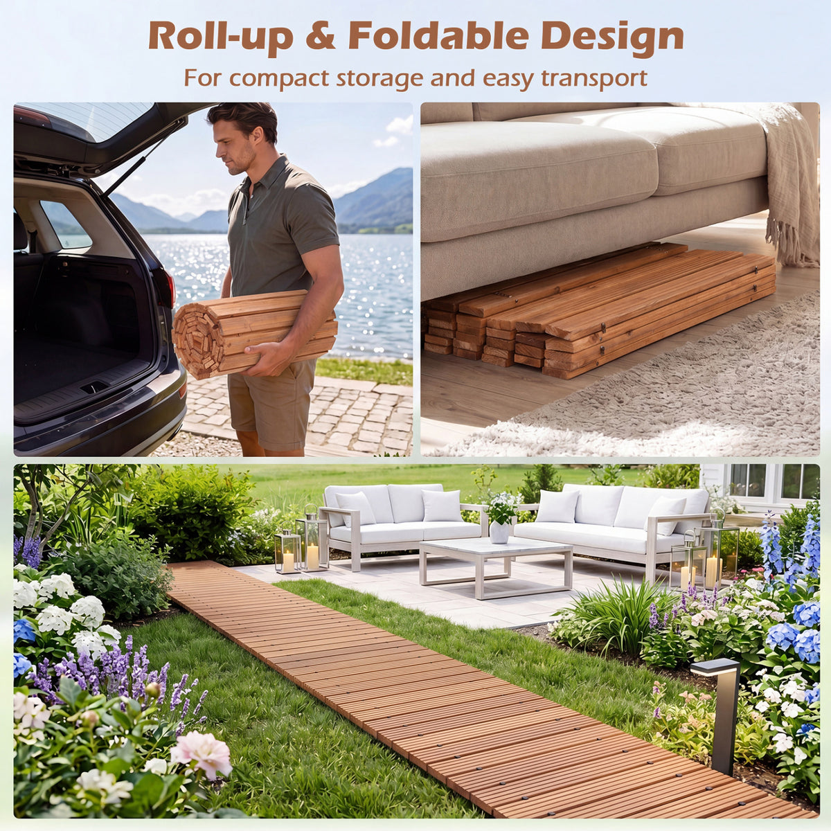 12 FT Wooden Garden Pathway 22 Inches Wide Outdoor Roll out Straight Walkway-1 Piece