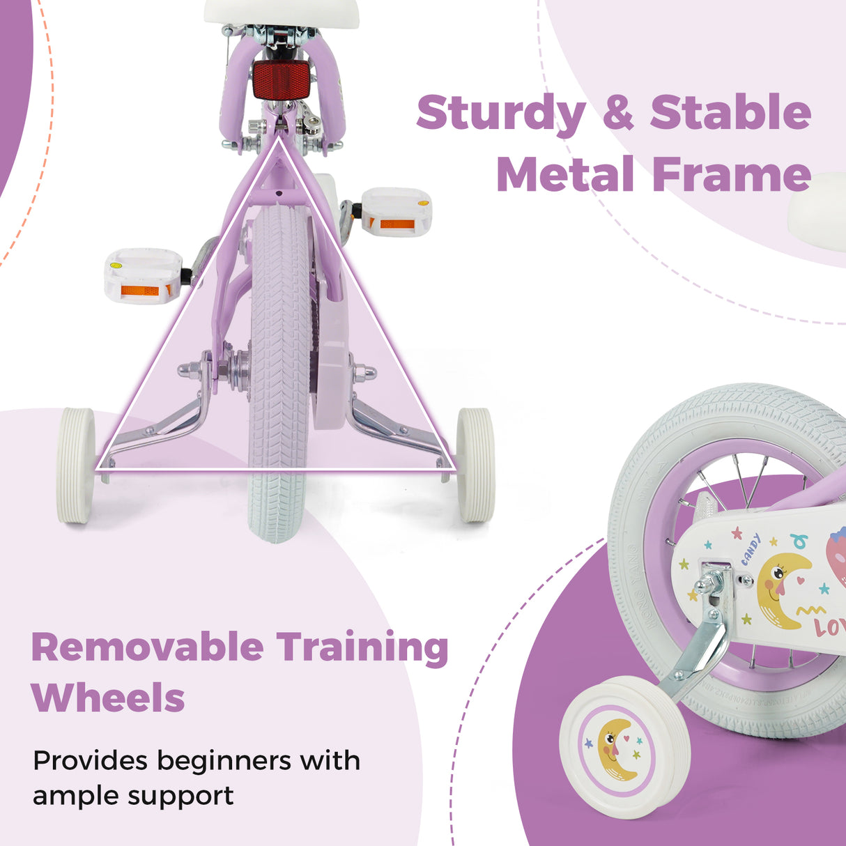 12 Inch Kids Bike Adjustable for 3-8 Years Old Children Purple - Stars & Moon