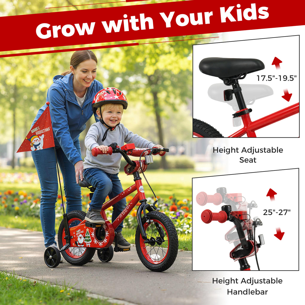12 Inch Kids Bike Adjustable with Christmas Music & Flag for Aged 3-5 Years Old