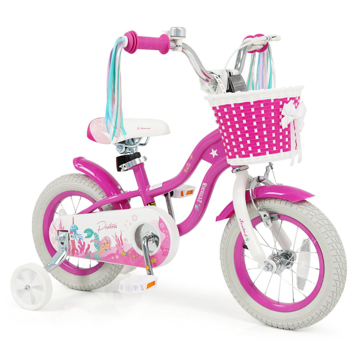 12-Inch Kids Bike Adjustable with Basket and Streamers Rose Red - Princess of the Sea Theme