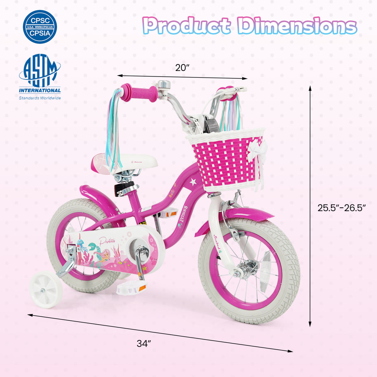 12-Inch Kids Bike Adjustable with Basket and Streamers Rose Red - Princess of the Sea Theme