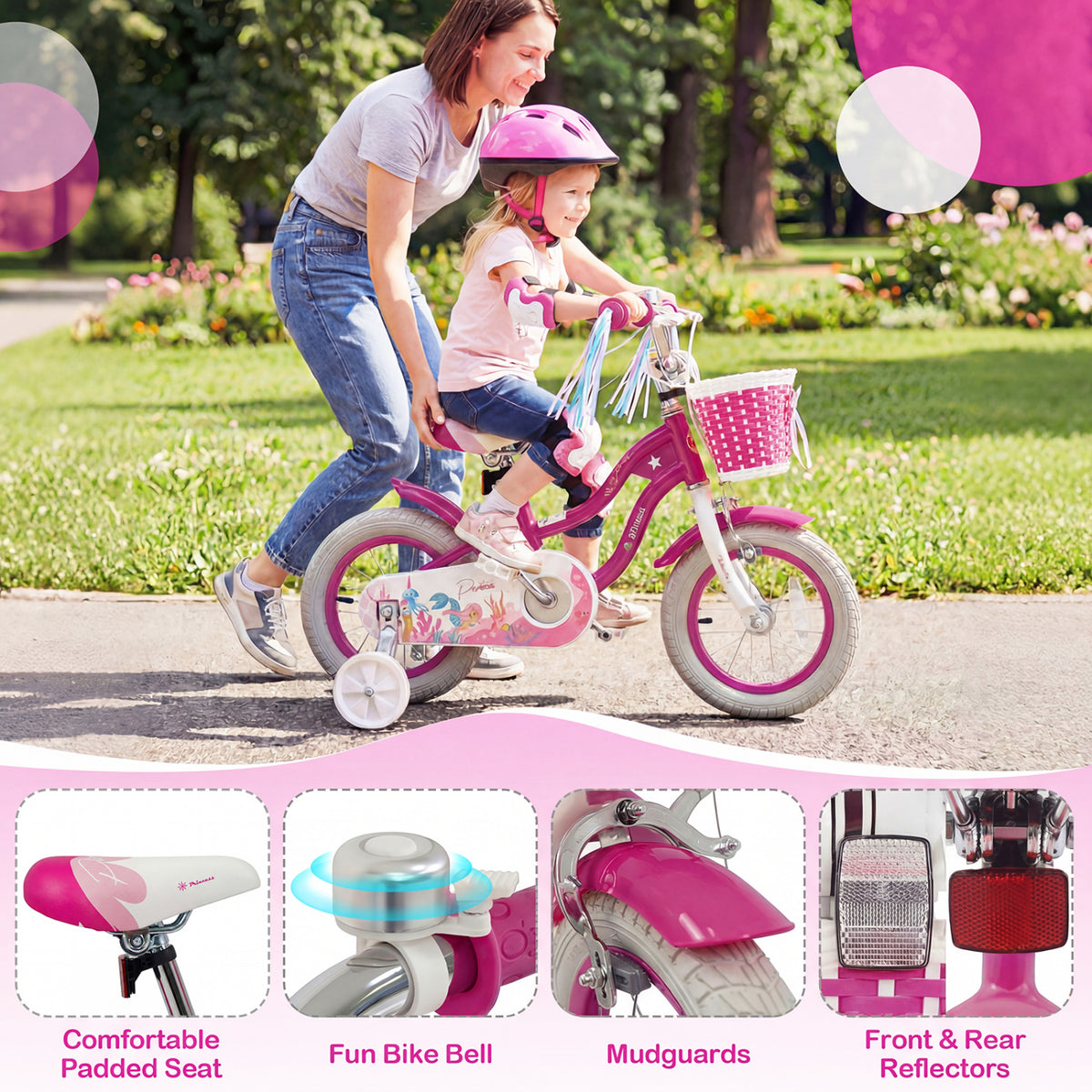 12-Inch Kids Bike Adjustable with Basket and Streamers Rose Red - Princess of the Sea Theme