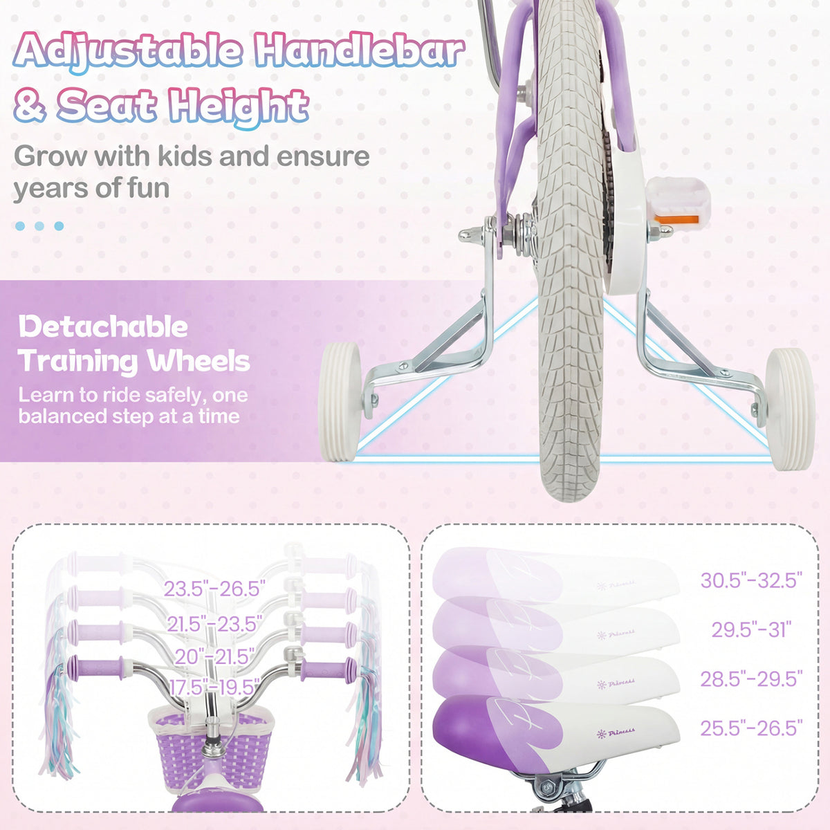 12 Inch Kids Bike Adjustable with Basket and Streamers Purple - Princess of the Sea Theme