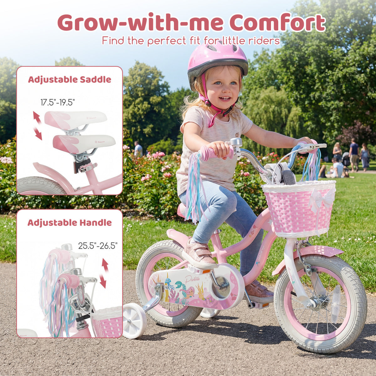12 Inch Kids Bike Adjustable with Basket and Streamers for Girls Aged 3-4 Years Old Pink
