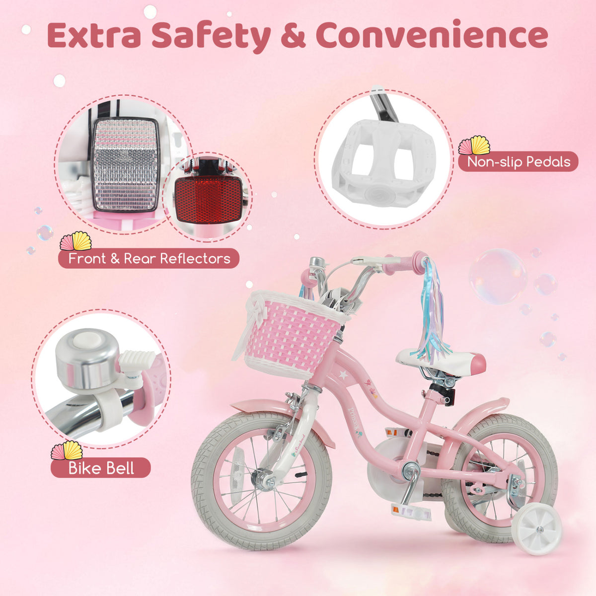 12 Inch Kids Bike Adjustable with Basket and Streamers for Girls Aged 3-4 Years Old Pink
