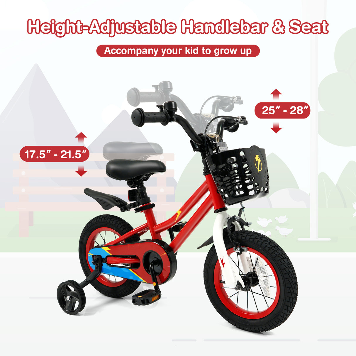 12 Inch Kids Bike Children Bicycle with Training Wheels for 3-4 Years Old-Red
