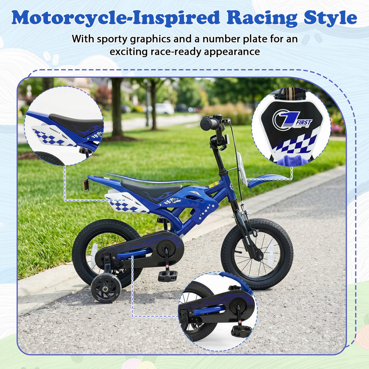 12 Inch Kids Bike Motorcycle-Inspired for Boy Girl Ages 3-4 Years-Blue