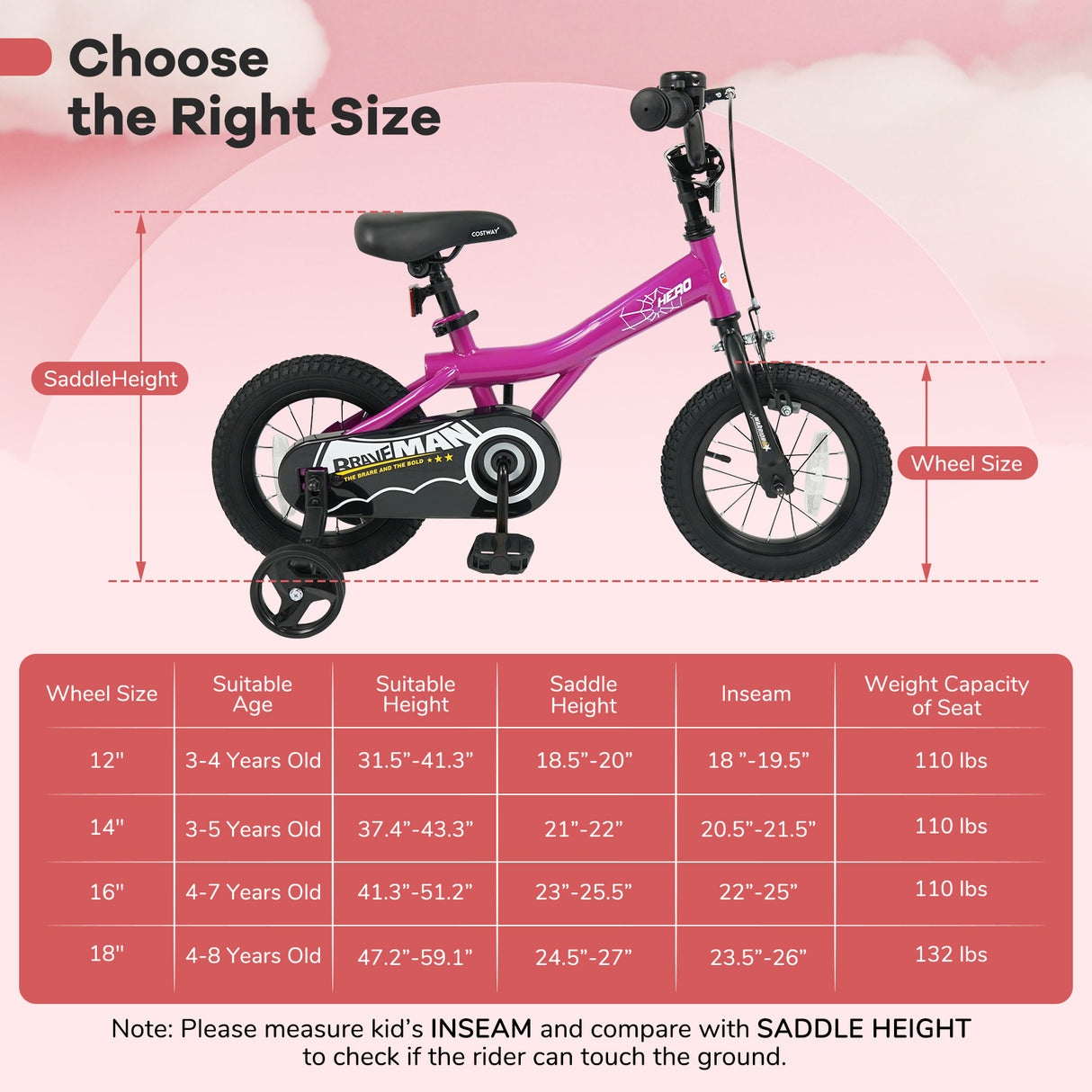 12-Inch Kids Bike with Removable Training Wheels Pink-Brave Hero
