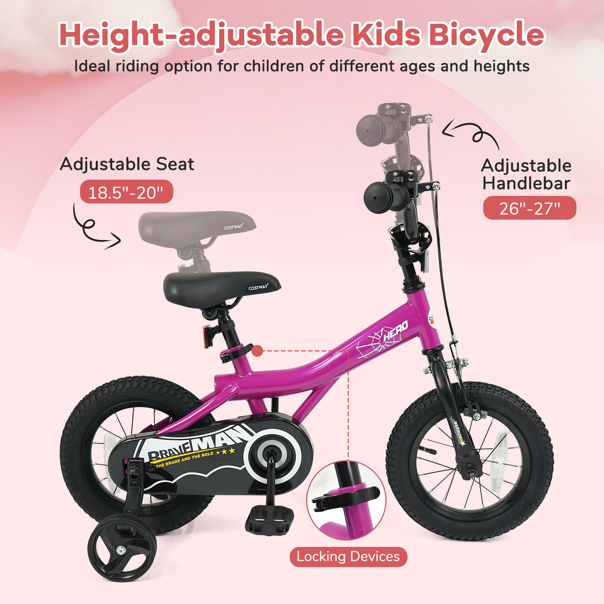 12-Inch Kids Bike with Removable Training Wheels Pink-Brave Hero