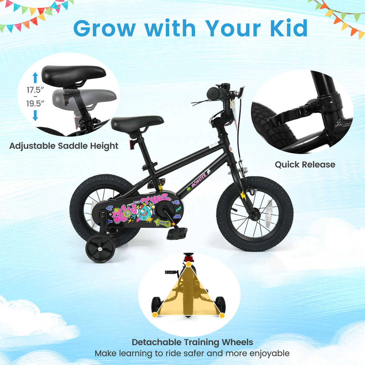 12 Inch Kids Bike with Training Wheels for Ages 3-4 Years Old Black- Street Art Time