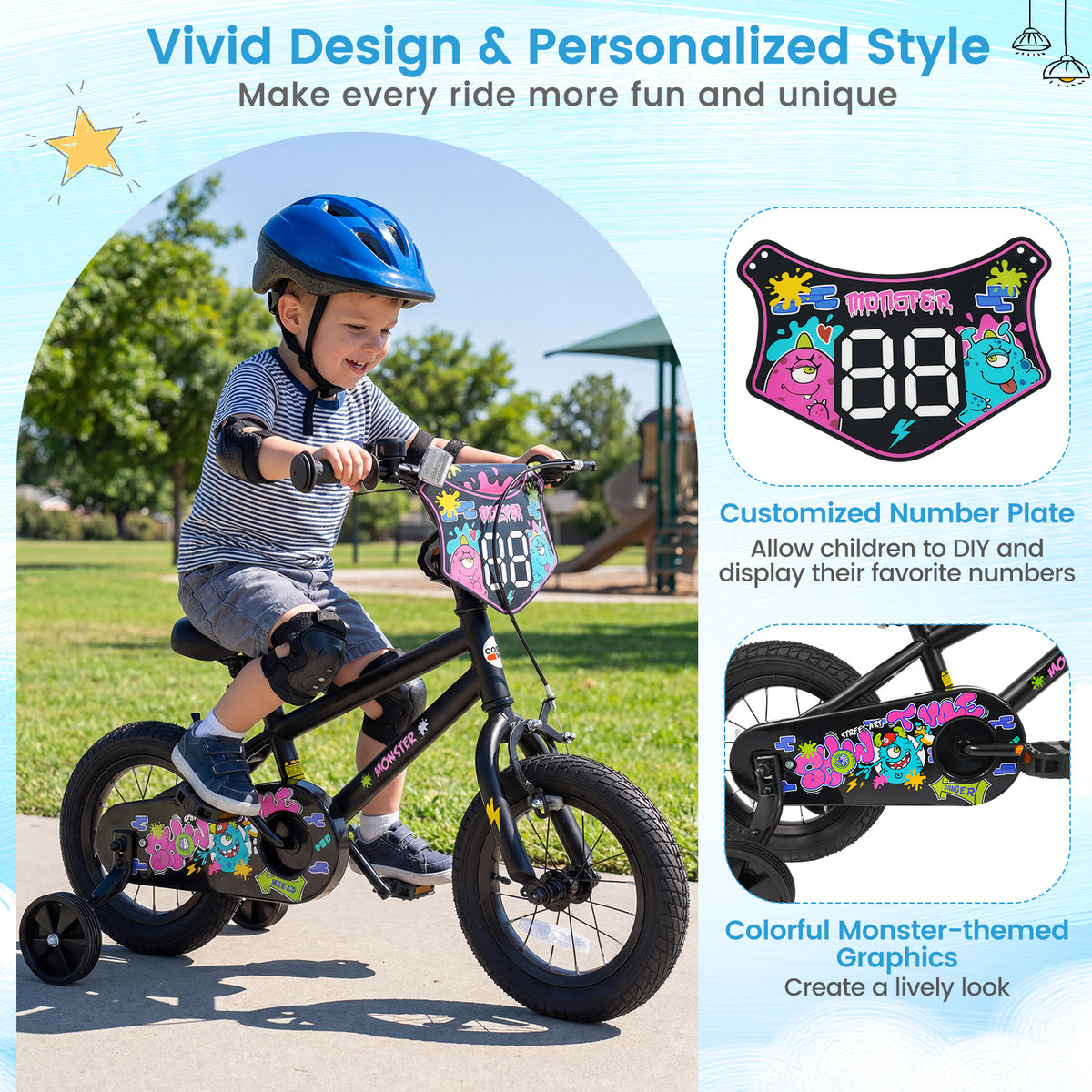 12 Inch Kids Bike with Training Wheels for Ages 3-4 Years Old Black- Street Art Time