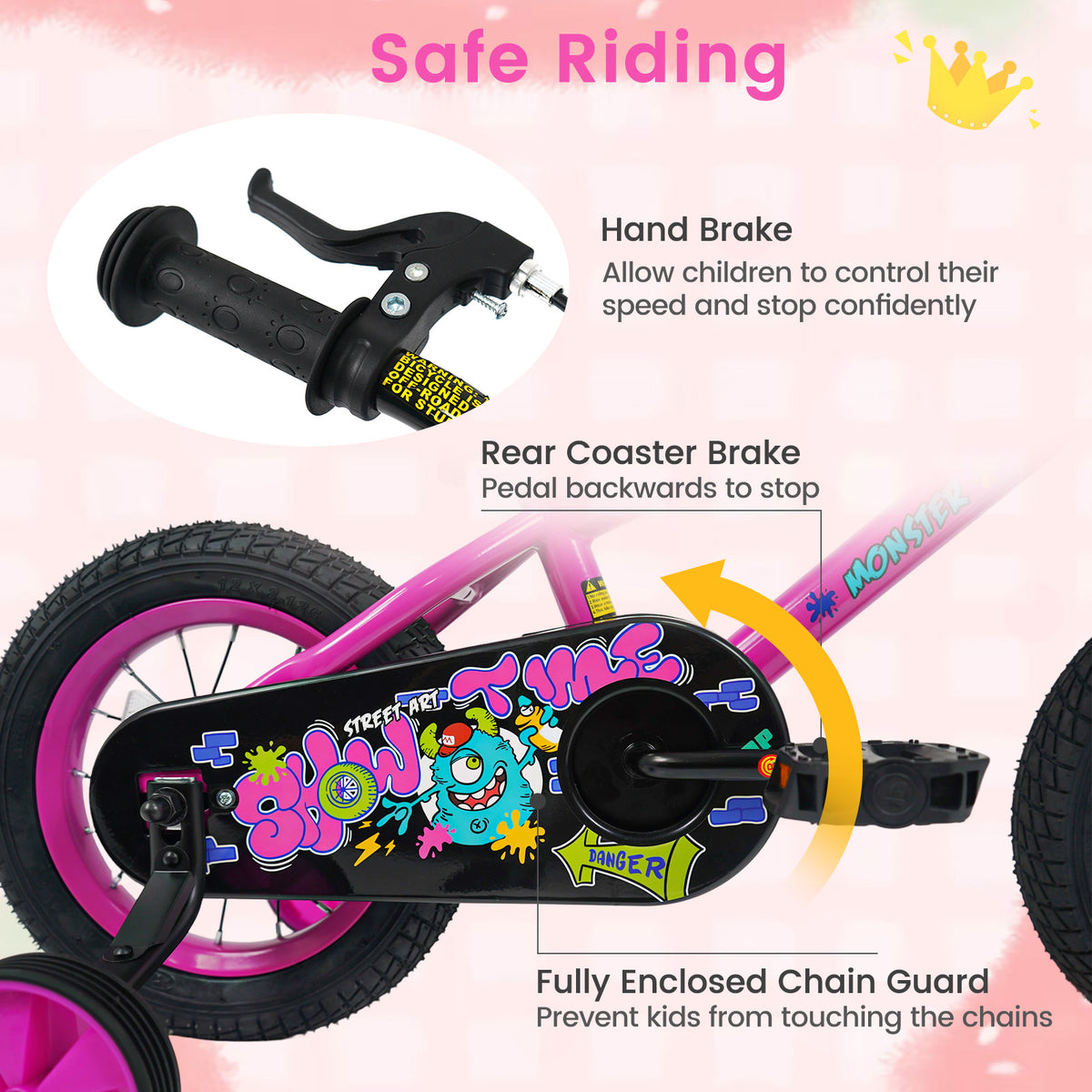 12 Inch Kids Bike with Training Wheels for Ages 3-4 Years Old Pink- Street Art Time