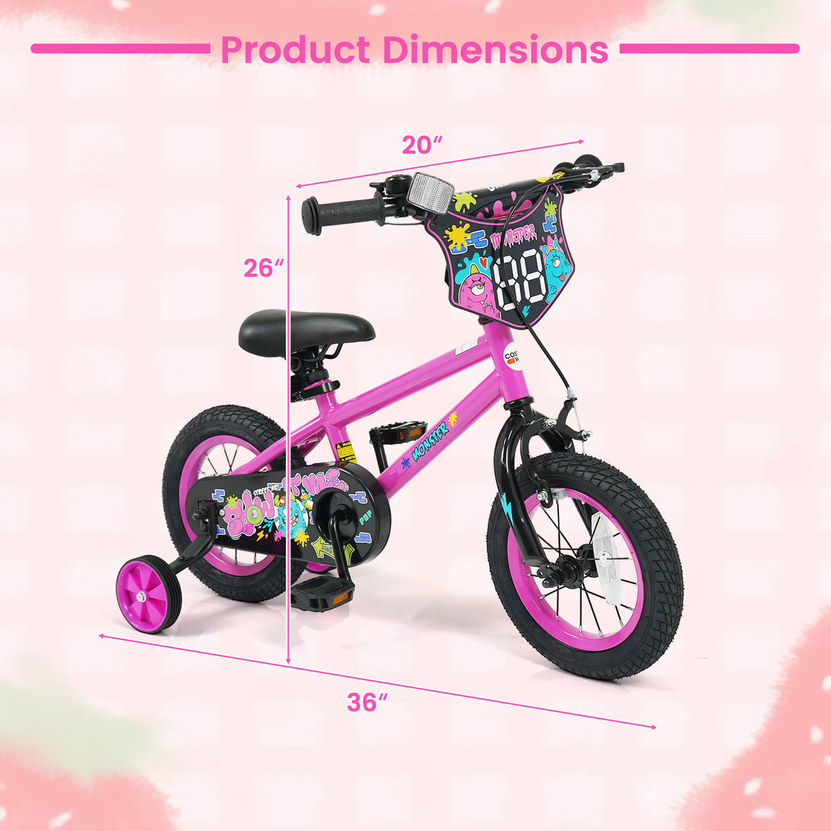12 Inch Kids Bike with Training Wheels for Ages 3-4 Years Old Pink- Street Art Time