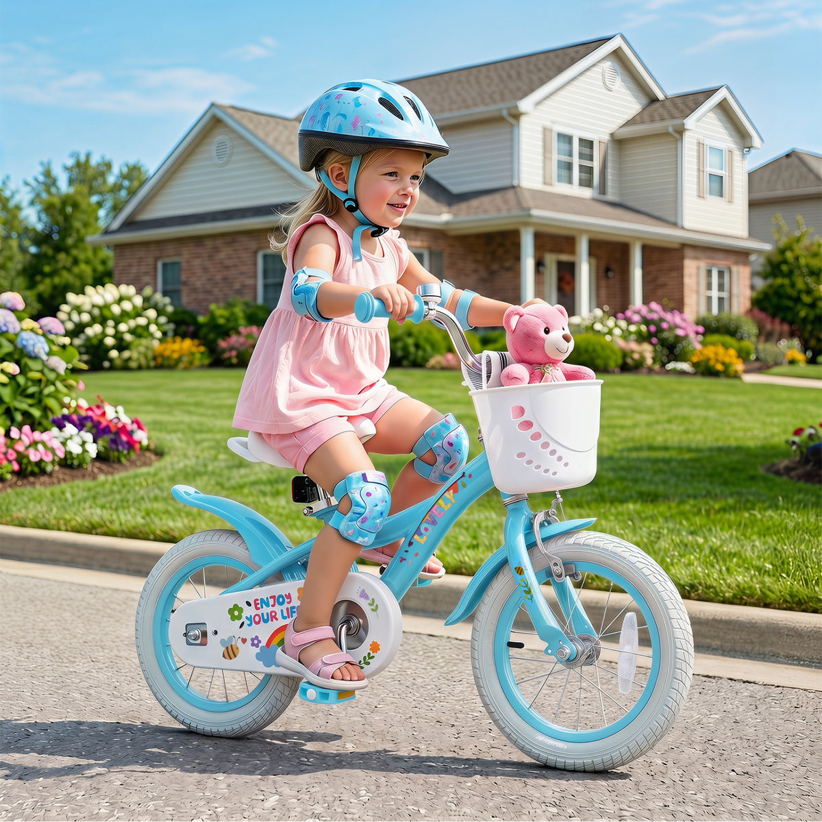 12 Inches Girls Bike for 3-4 Years Old with Training Wheels and Basket - Spring Party Blue