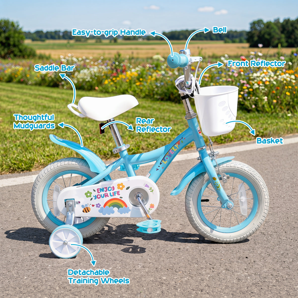 12 Inches Girls Bike for 3-4 Years Old with Training Wheels and Basket - Spring Party Blue