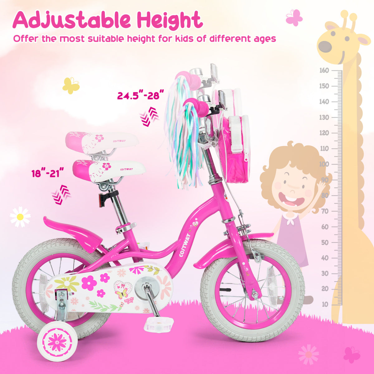 12 Inches Girls Bike with Front Bag and Streamers for 3-4 Years Pink